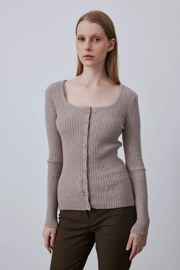 Square Neck Knitwear Cardigan - Mink - 1