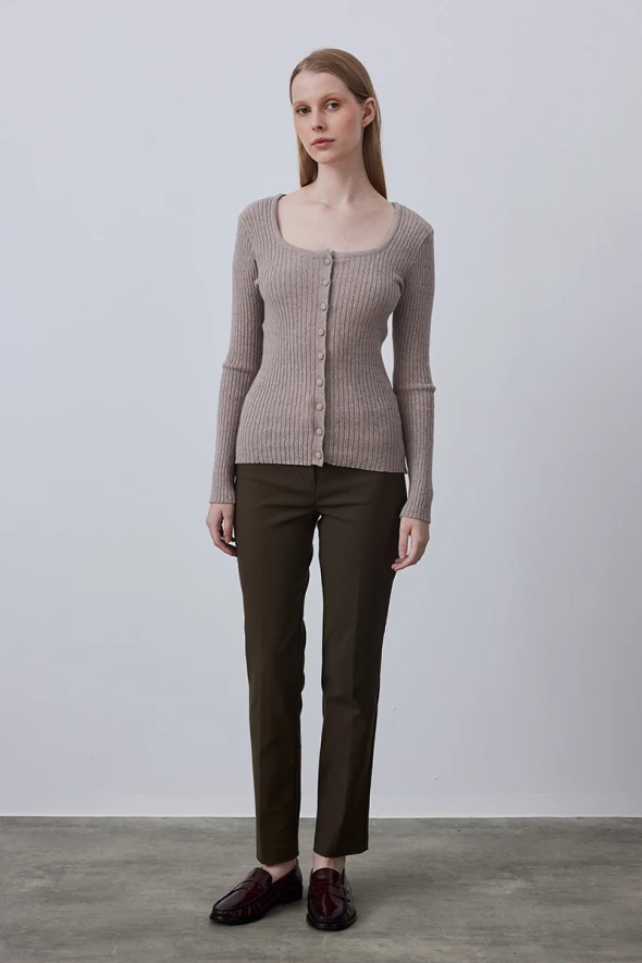 Square Neck Knitwear Cardigan - Mink - 2