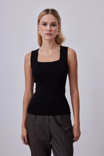 Square Neck Knitwear Tank - Black Black