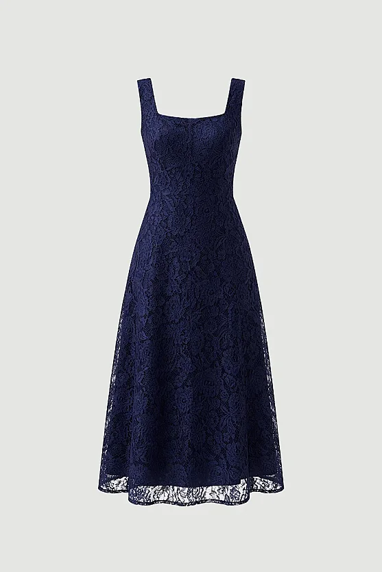 Square Neck Long Lace Evening Dress - Navy Blue - 6