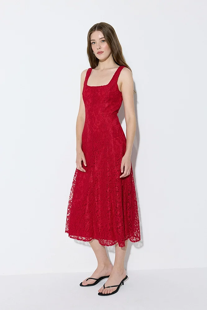 Square Neck Long Lace Evening Dress - Red Red