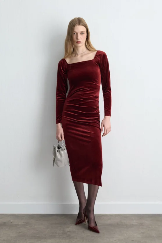 Square Neck Long Velvet Dress - Burgundy - Gusto