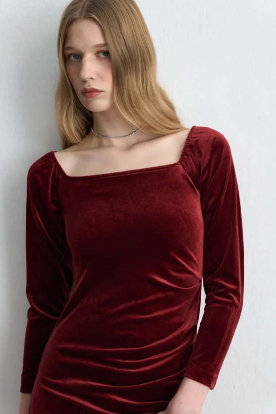 Square Neck Long Velvet Dress Burgundy - 2