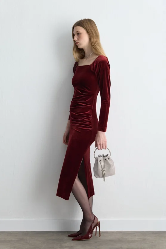 Square Neck Long Velvet Dress Burgundy - 5