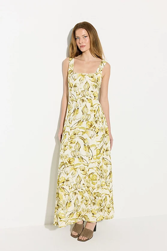 Square Neck Patterned Cotton Linen Maxi Dress - Yellow - Gusto