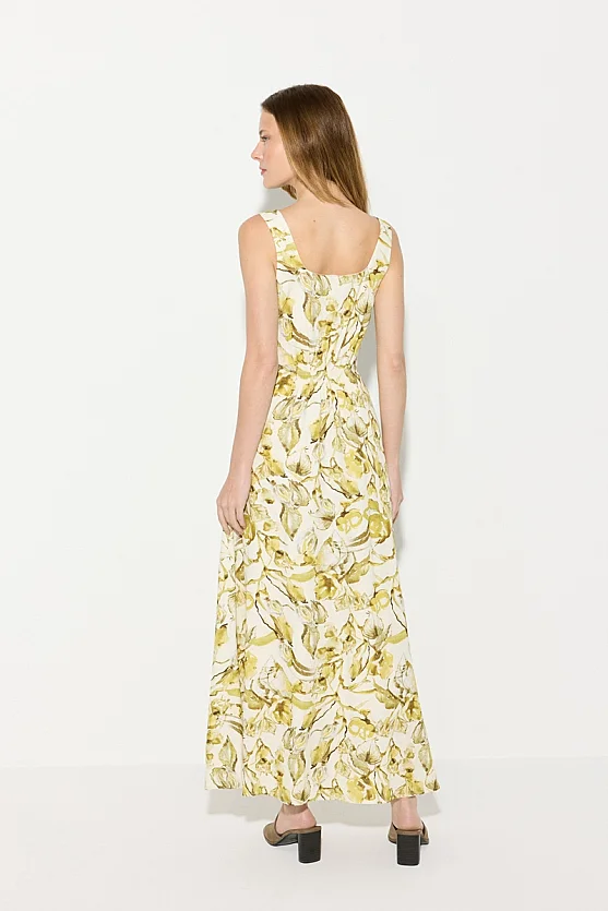 Square Neck Patterned Cotton Linen Maxi Dress - Yellow - Gusto