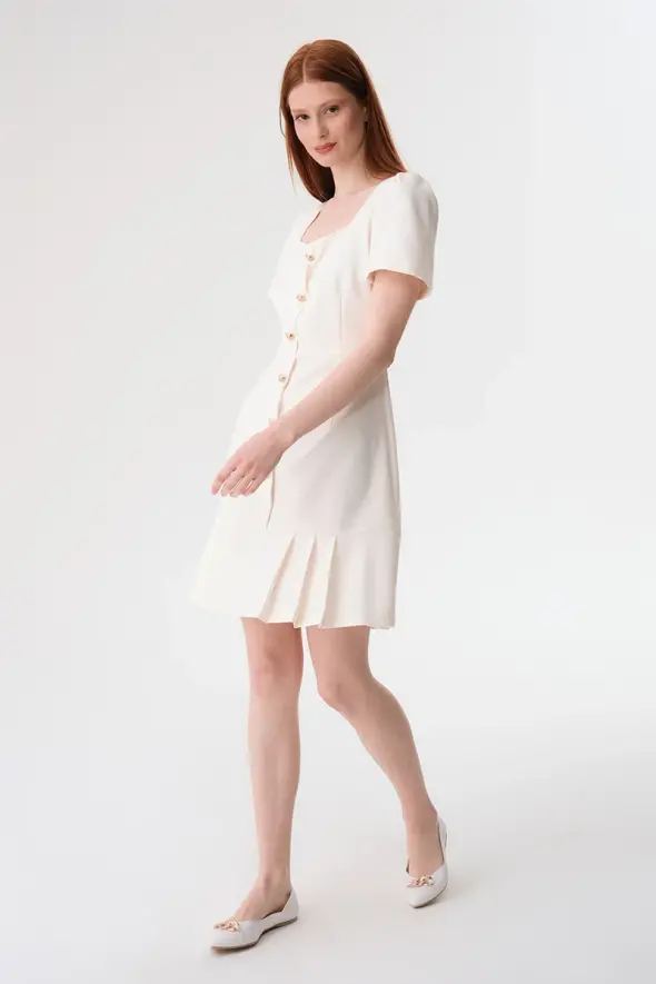 Square Neck Short Sleeve Dress - Ecru - 3