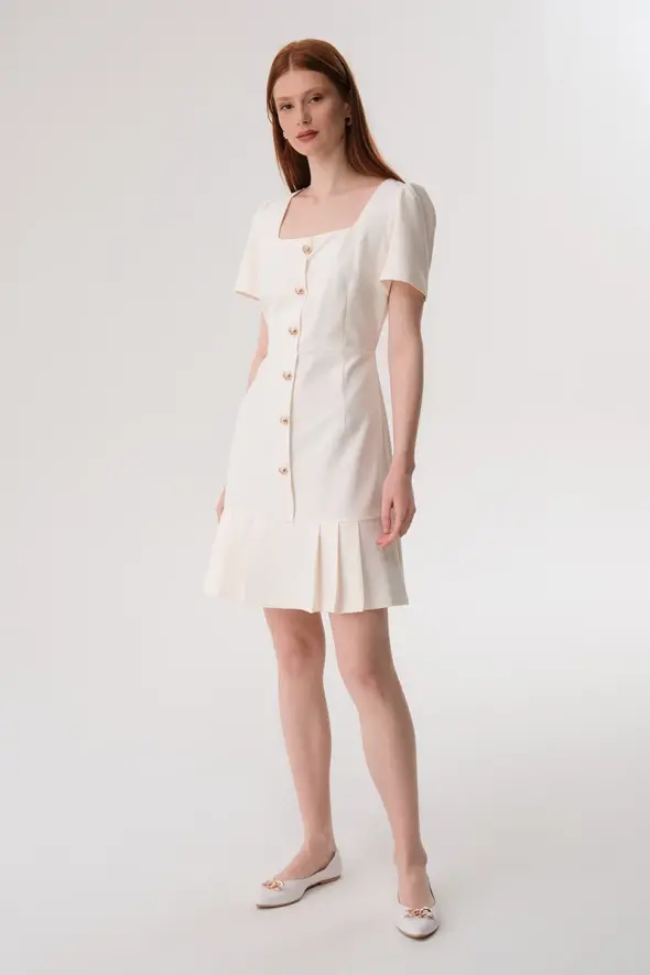 Square Neck Short Sleeve Dress - Ecru - 1