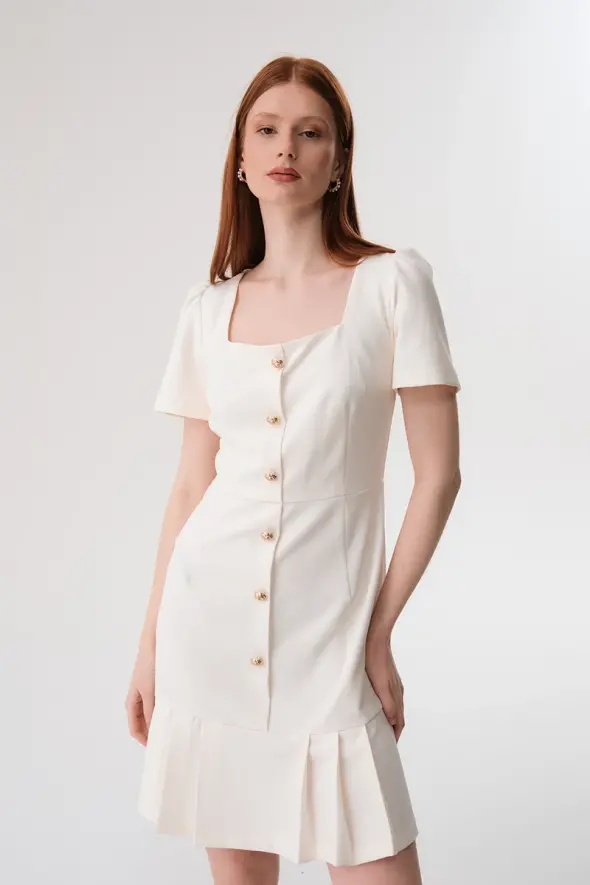 Square Neck Short Sleeve Dress - Ecru - 2