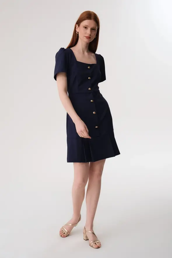 Square Neck Short Sleeve Dress - Navy Blue - 1