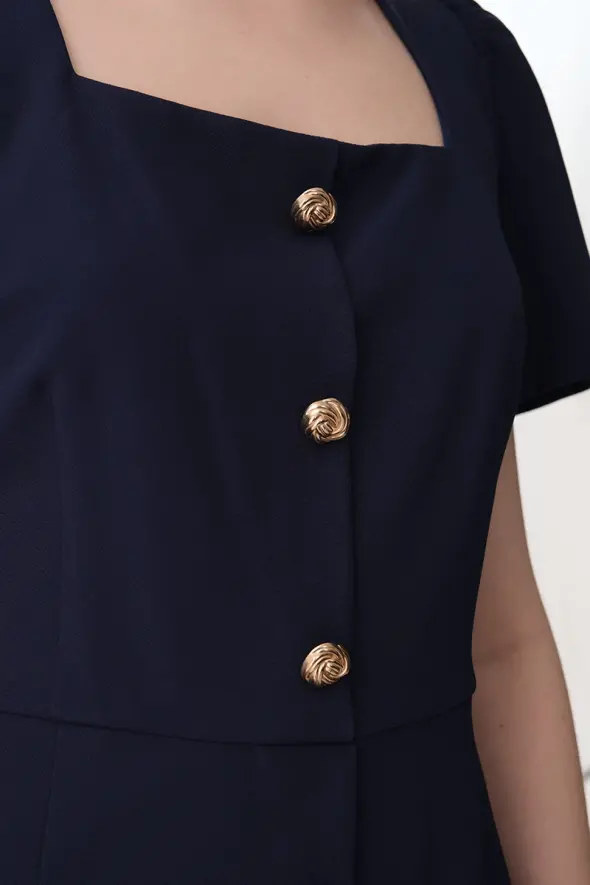 Square Neck Short Sleeve Dress - Navy Blue - 4