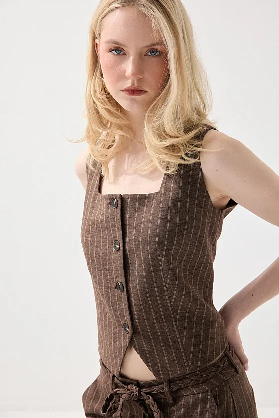 Square Neck Striped Linen Vest - Brown - 2