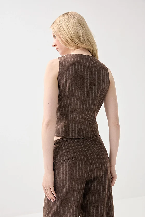 Square Neck Striped Linen Vest - Brown - Gusto