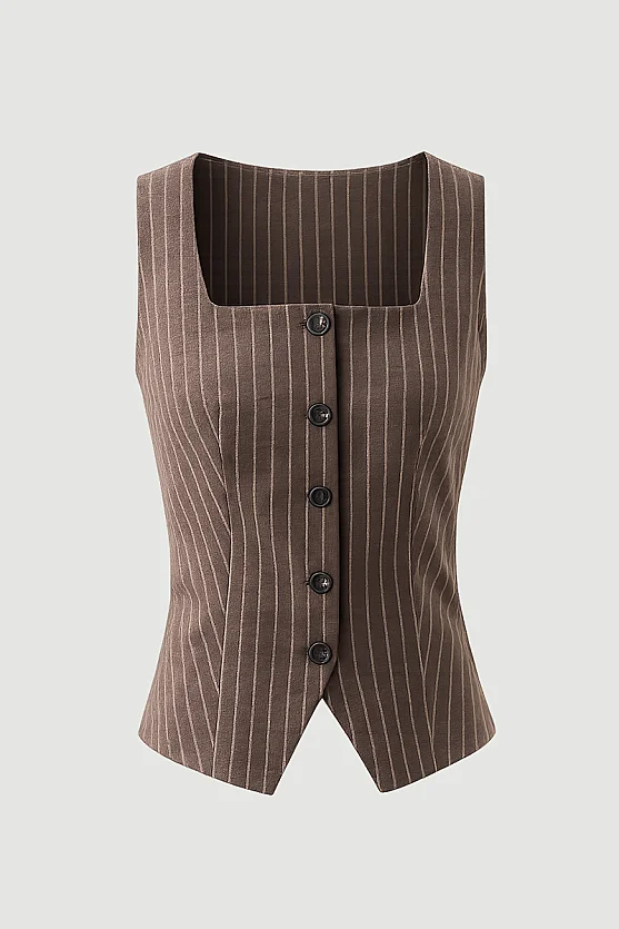 Square Neck Striped Linen Vest - Brown - 7