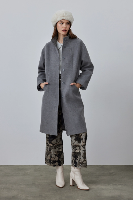 Stand Collar Cashmere Coat - Grey Gray