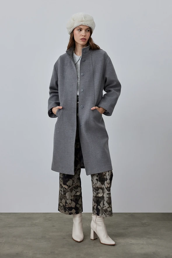 Stand Collar Cashmere Coat - Grey - 1