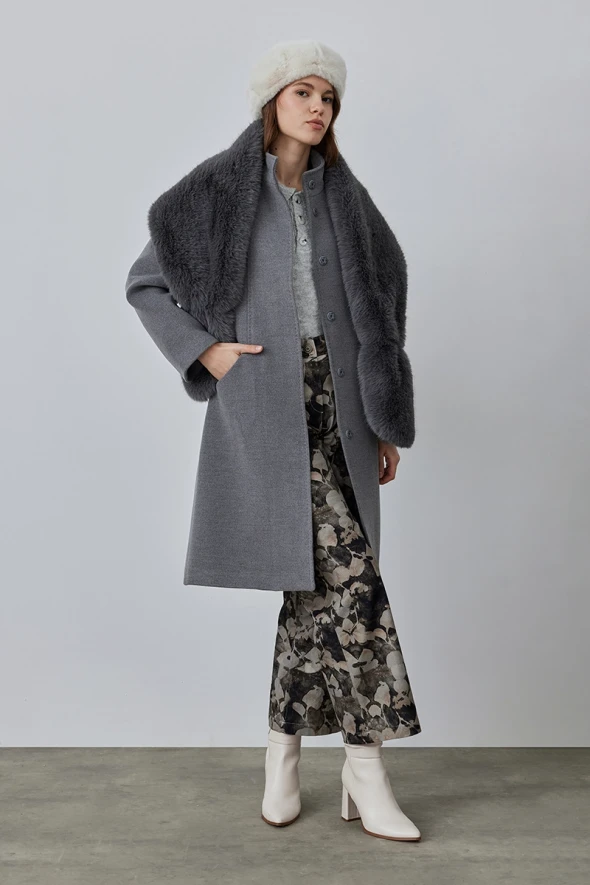 Stand Collar Cashmere Coat - Grey - 2