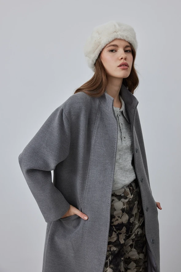 Stand Collar Cashmere Coat - Grey - 3