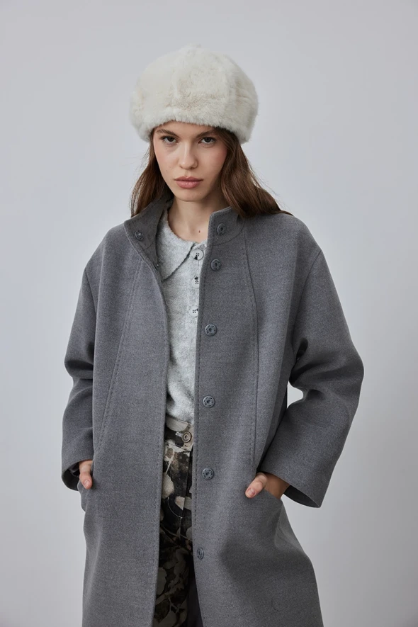 Stand Collar Cashmere Coat - Grey - 4