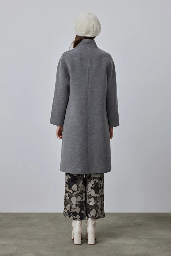 Stand Collar Cashmere Coat - Grey - 6