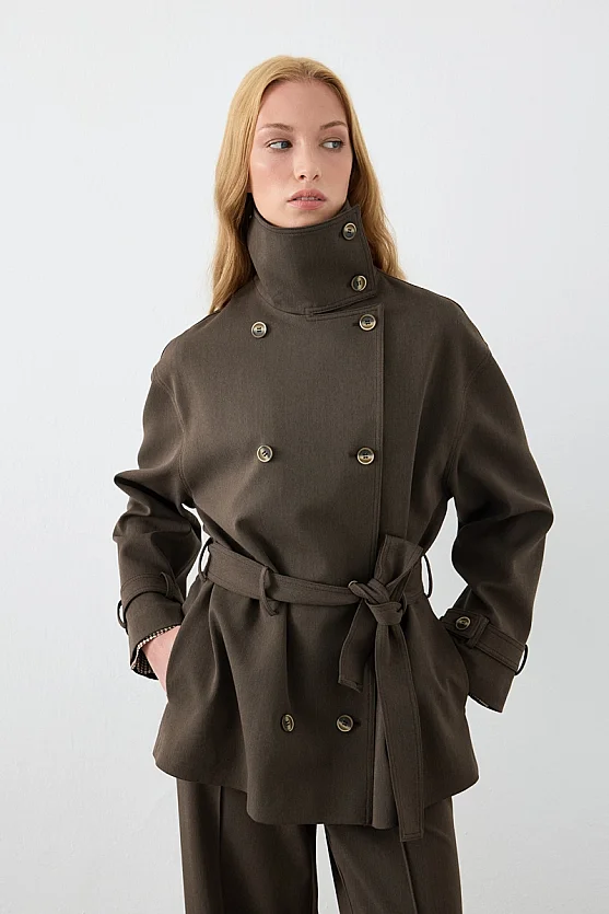 Stand-Collar Double-Breasted Belted Trench Coat - Brown - 8