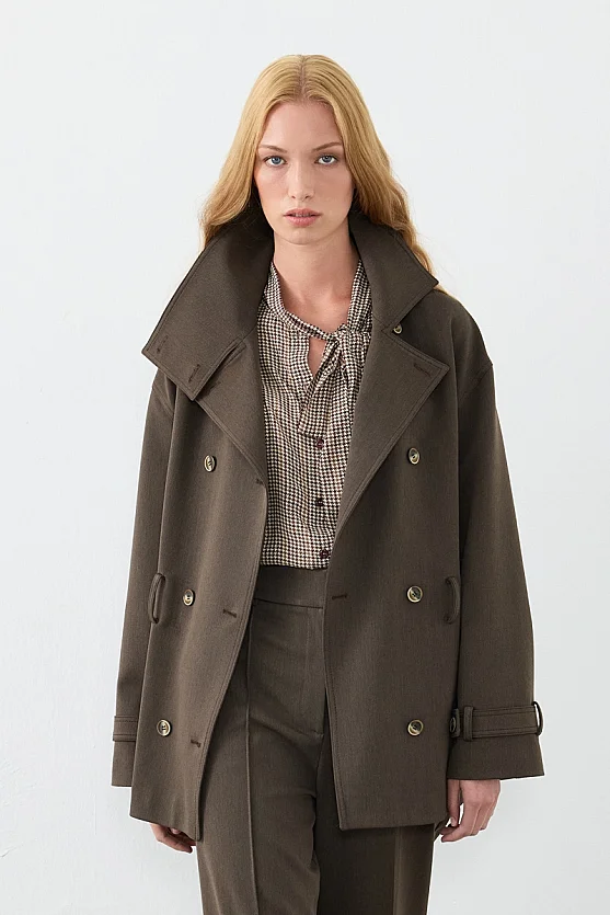 Stand-Collar Double-Breasted Belted Trench Coat - Brown - 9