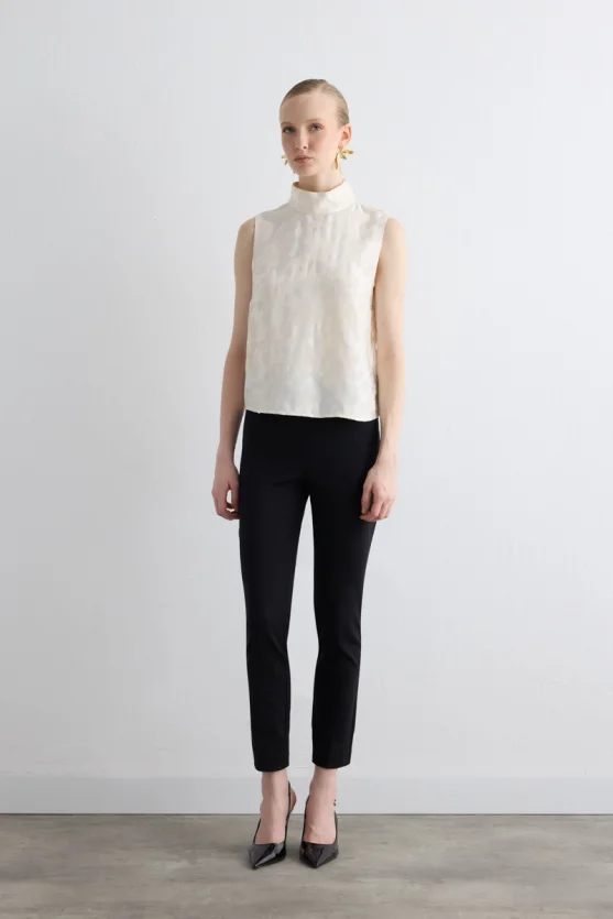 Stand Collar Jacquard Blouse - Ecru - Gusto