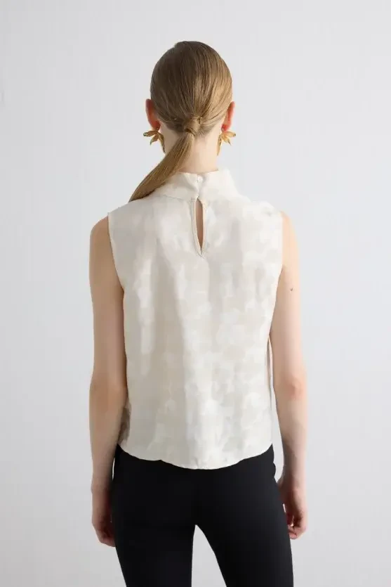 Stand Collar Jacquard Blouse - Ecru - Gusto