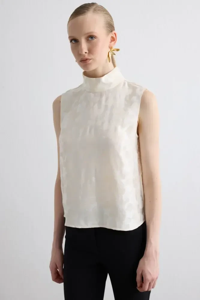 Stand Collar Jacquard Blouse - Ecru Ecru