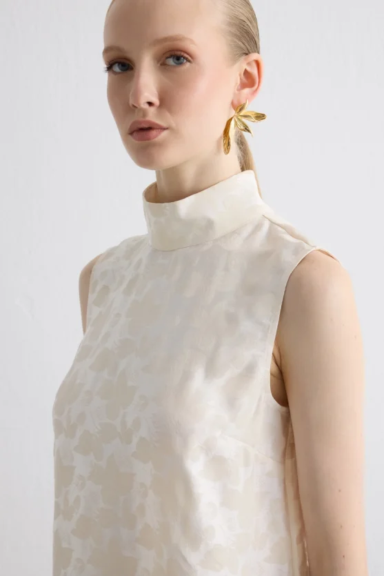 Stand Collar Jacquard Blouse Ecru - 3