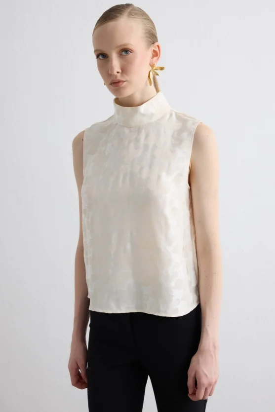 Stand Collar Jacquard Blouse Ecru - 1