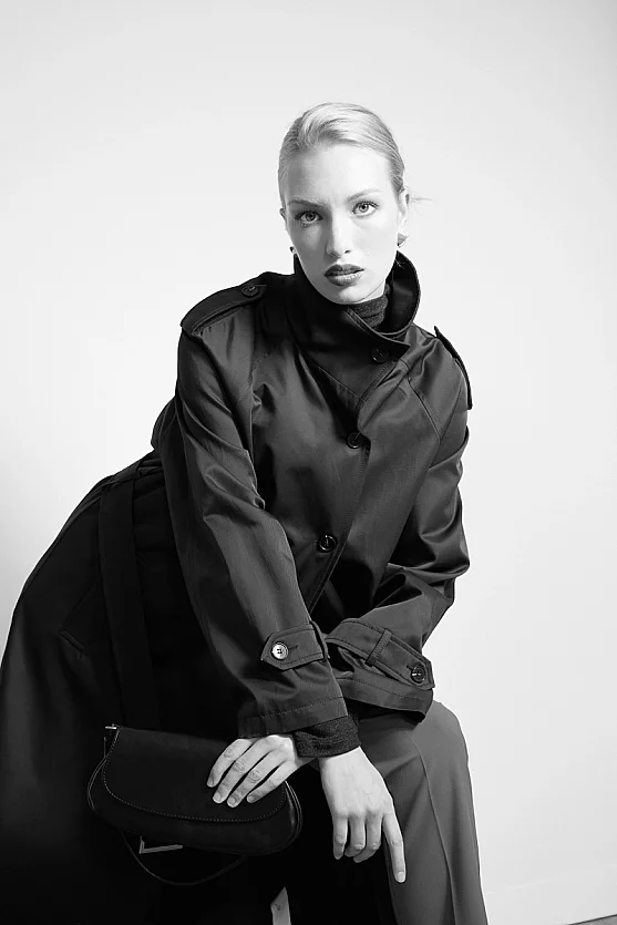 Stand-Collar Long Trench Coat - Black - 8