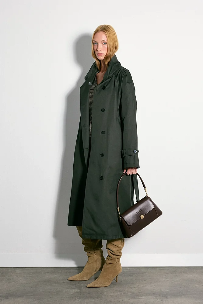 Stand-Collar Long Trench Coat - Khaki Khaki