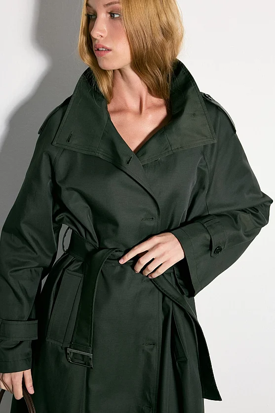 Stand-Collar Long Trench Coat - Khaki - 8