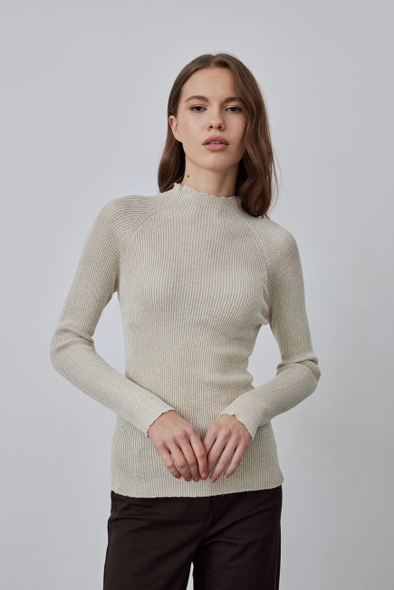 Stand Collar Lurex Knit Sweater - Gold Gold