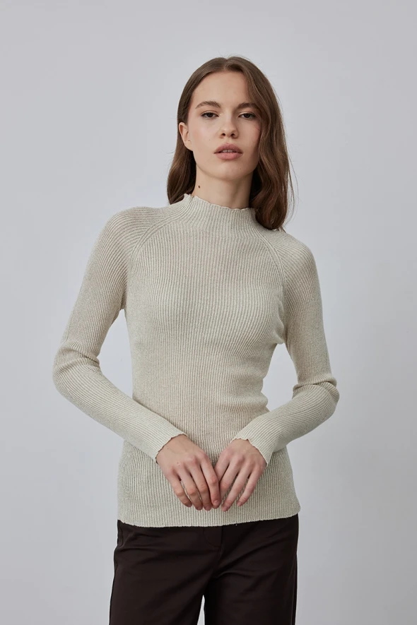 Stand Collar Lurex Knit Sweater - Gold - 1