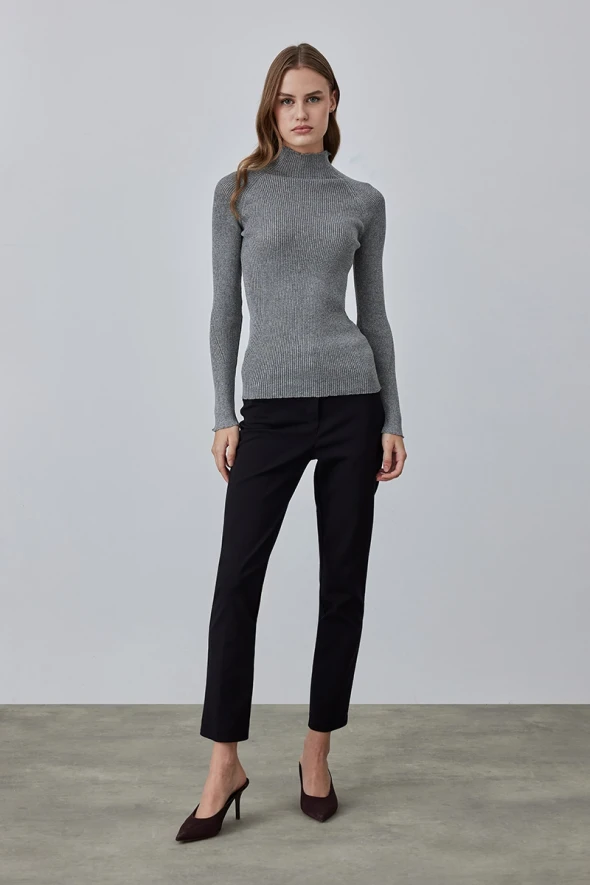 Stand Collar Lurex Knit Sweater - Silver - 2