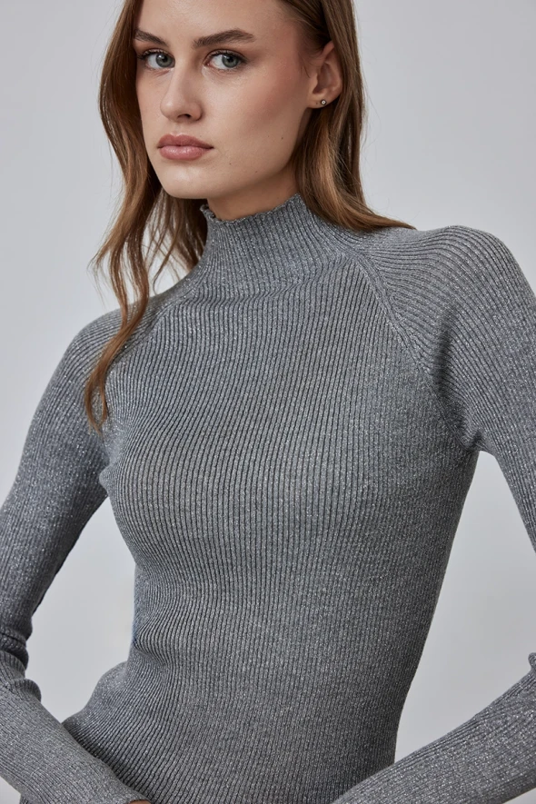 Stand Collar Lurex Knit Sweater - Silver - 3