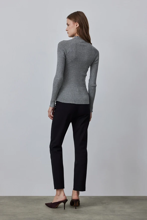 Stand Collar Lurex Knit Sweater - Silver - 4