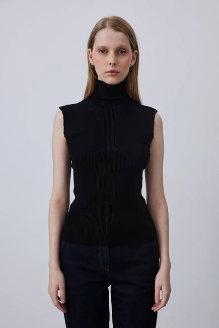 Stand Collar Sleeveless Basic Knitwear - Black Black