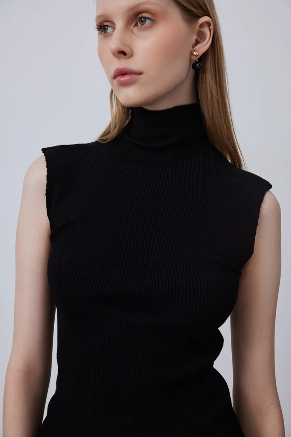 Stand Collar Sleeveless Basic Knitwear - Black - 3