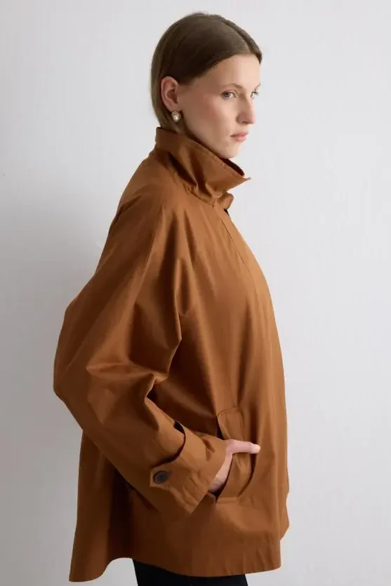 Stand Collar Water-Repellent Trench Coat - Camel - 6