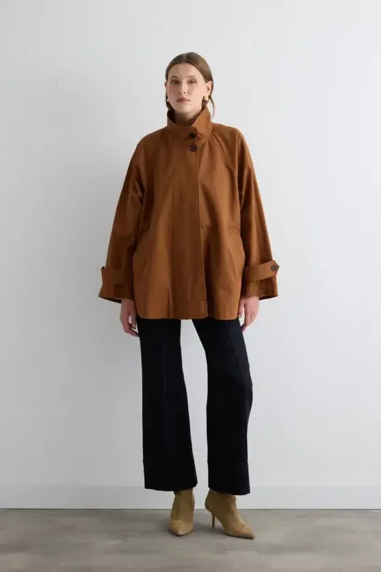 Stand Collar Water-Repellent Trench Coat - Camel - 1