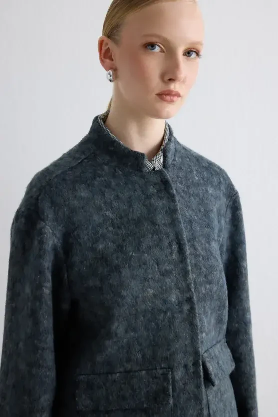 Stand Collar Wool Jacket - Gray - Gusto