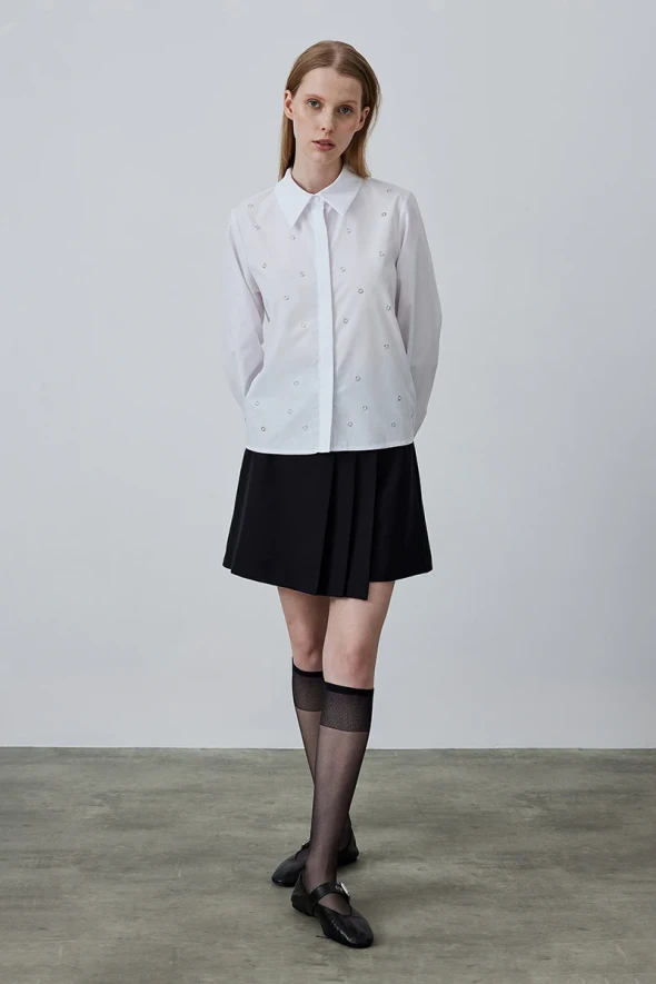 Stapled Cotton Shirt - White - 3