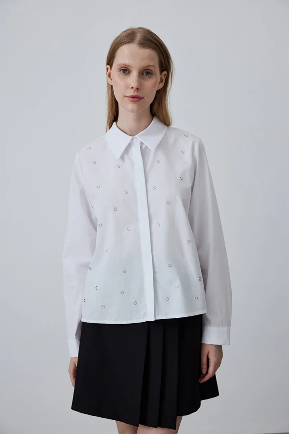 Stapled Cotton Shirt - White - 2