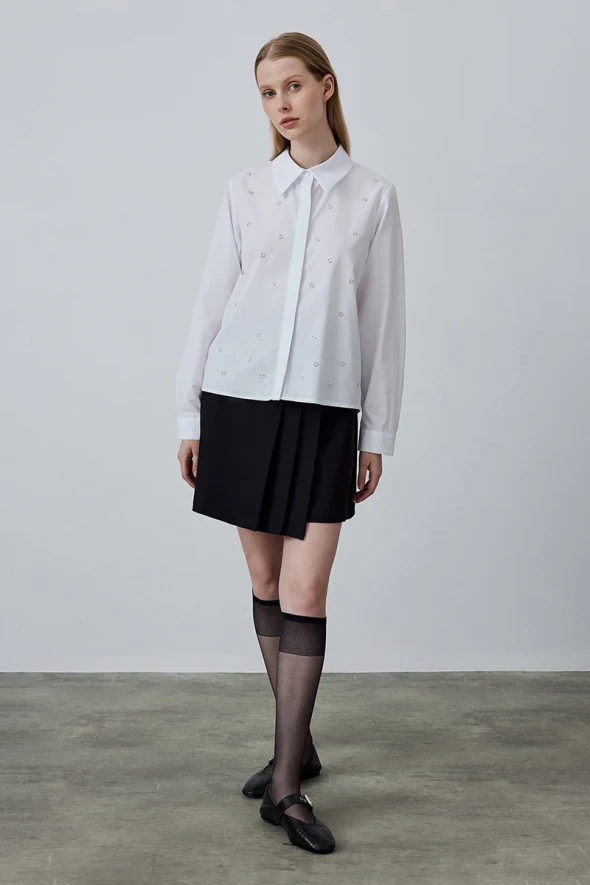 Stapled Cotton Shirt - White - 4