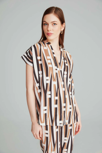 Stick Pattern Relaxed Fit Blouse - Brown Kahverengi