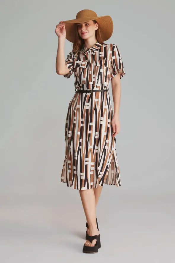 Stick Pattern Shirt Dress - Brown - 1