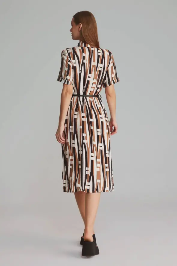 Stick Pattern Shirt Dress - Brown - 7